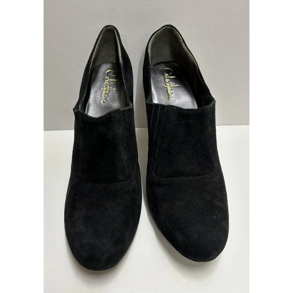 Cole Haan women size 11B black suede high heel low cut booties